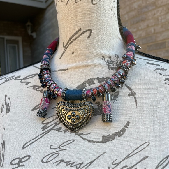 Tribal Boho Fabric, String and Metal Necklace - Picture 10 of 10